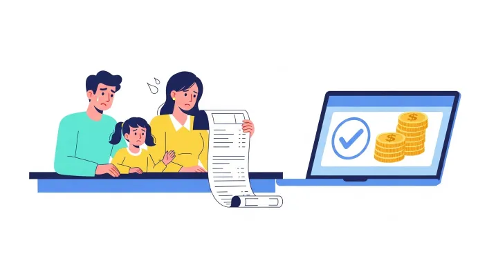 큰 병원비 영수증을 보고 본인부담상한제 환급금을 확인하는 가족 일러스트