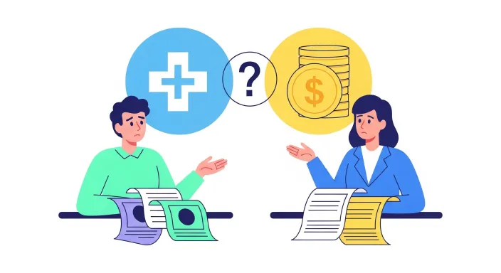본인부담상한제 환급과 실손보험 중복 보상 문제로 상담받는 환자와 상담원 일러스트