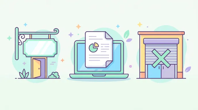 사업자 휴업·폐업 신고를 상징하는 서류와 컴퓨터, 가게 간판을 표현한 일러스트