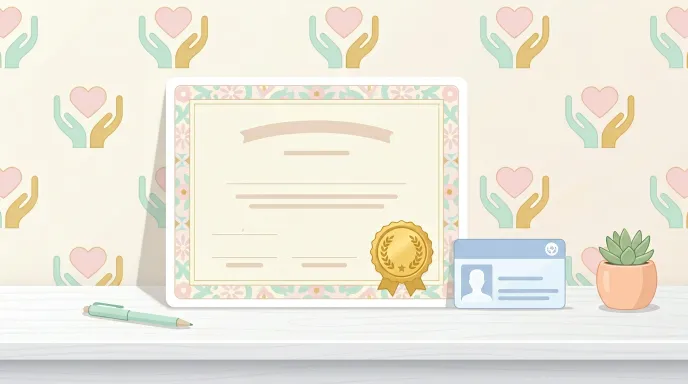 사회복지사 1급 합격증명서와 자격증을 상징하는 일러스트