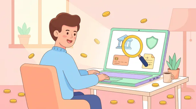 상속인이 온라인으로 금융거래 조회를 통해 숨은 자산을 찾는 모습을 상징하는 일러스트