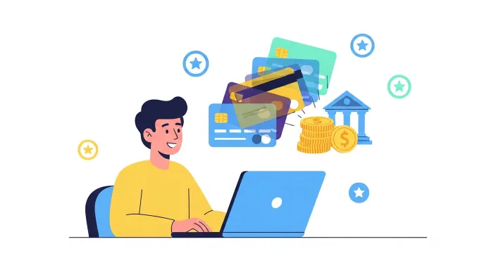 여러 신용카드에서 흩어진 포인트를 한 번에 조회해 현금으로 입금받는 사람 일러스트