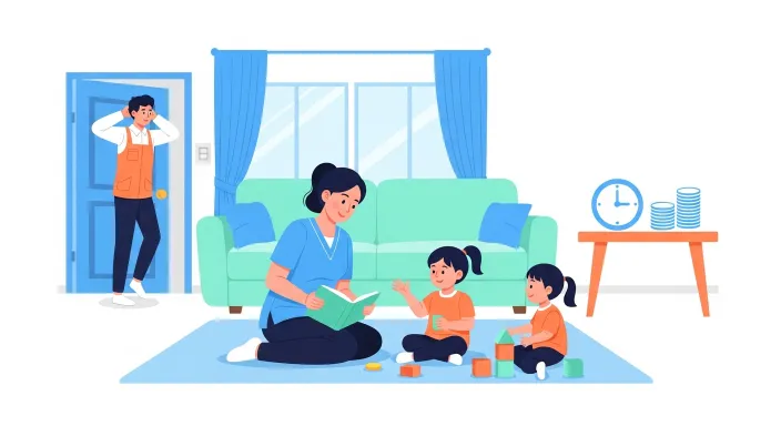 집에서 아이돌봄서비스를 이용해 초등학생을 돌보는 돌보미와 부모 일러스트