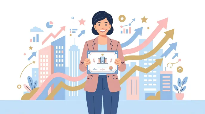 여성 사장님이 서류를 들고 웃는 여성기업 확인서 발급 성공 일러스트
