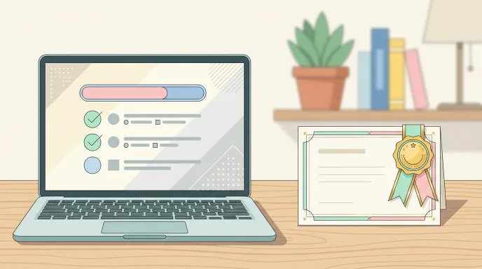 요양보호사 자격증 발급 진행상황과 실물 자격증을 함께 표현한 일러스트