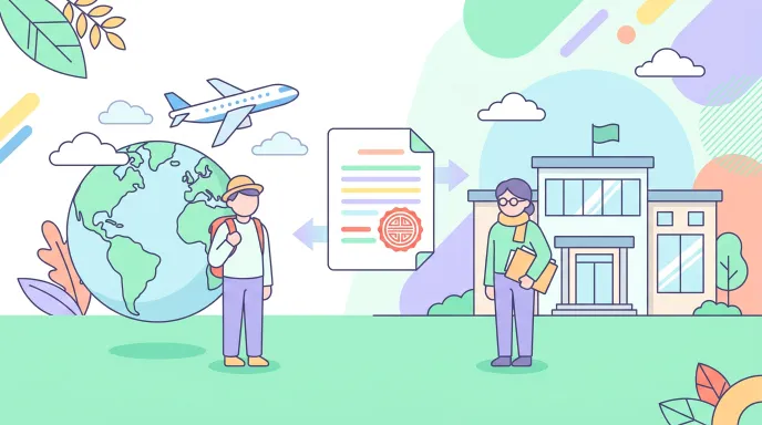 해외에 있는 본인과 국내 주민센터에서 인감증명서를 대리 발급받는 모습을 상징하는 일러스트