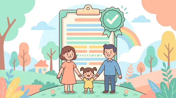 친양자 입양을 상징하는 부모와 아이, 법적 문서를 함께 표현한 일러스트