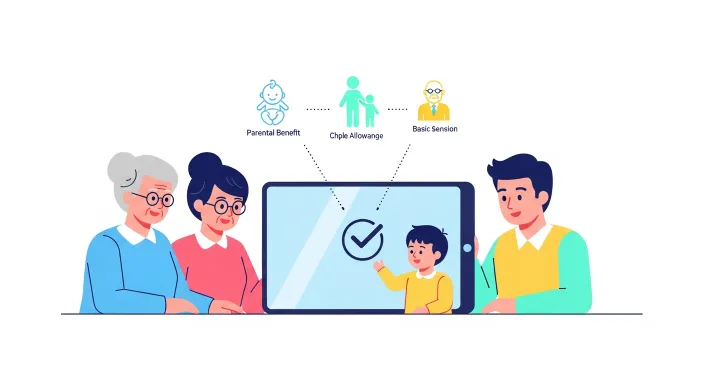 부모급여·아동수당·기초연금을 함께 비교하며 중복 수령 여부를 확인하는 가족 일러스트