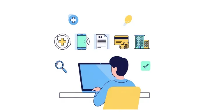 병원비·통신비·세금·카드 포인트·관리비 환급금을 한 번에 조회하는 모습을 보여주는 일러스트