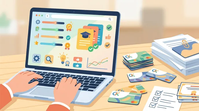 HRD-Net과 직업훈련 수료 서류를 함께 확인하는 노트북 화면과 문서 파일을 표현한 이미지