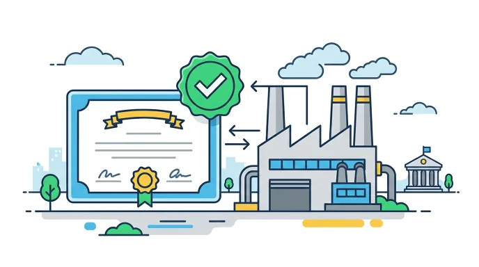 직접생산확인증명서 발급과 유효기간 관리를 상징하는 공장과 인증서 일러스트