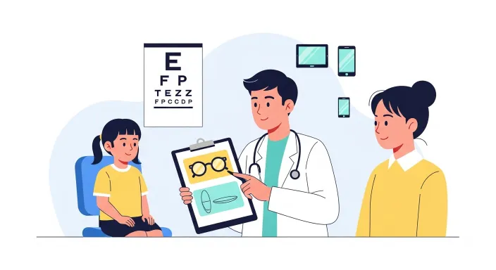 안경과 드림렌즈 선택을 두고 상담받는 초등학생과 부모, 안과 의사 일러스트