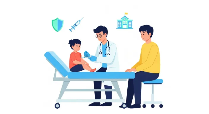 초등 입학 전 예방접종을 받는 아이와 보호자를 진료실에서 돌보는 의사 일러스트