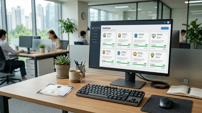 Q-net 자격증 통합 조회 화면과 실물 자격증을 함께 표현한 이미지