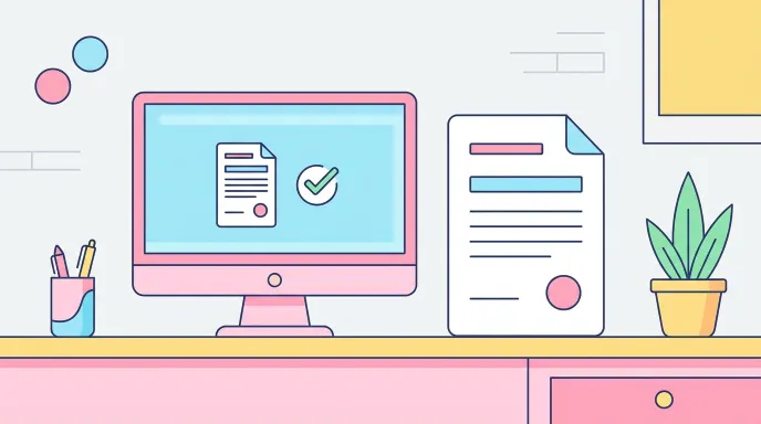 통신판매업 신고증 재발급과 주소 변경 온라인 신청을 상징하는 서류와 컴퓨터 화면 일러스트