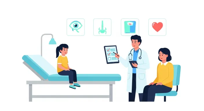 학생 건강검진을 받는 초등학생과 보호자를 진료실에서 상담하는 의사 일러스트