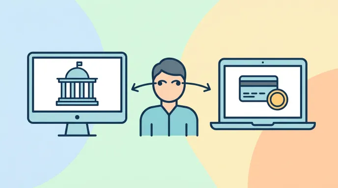 법원 화면과 신용정보 조회 화면을 나란히 띄워놓고 개인 채무자 명부 등재 여부를 비교 확인하는 모습을 도식화한 일러스트