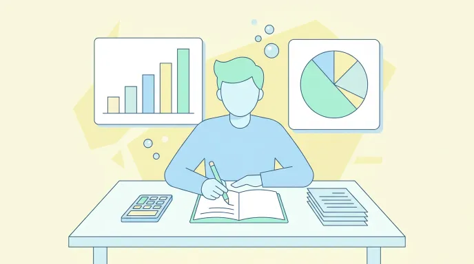 채무 총액과 월 상환 가능 금액을 계산하면서 메모하는 사람과 그래프 아이콘을 함께 표현한 평면 일러스트