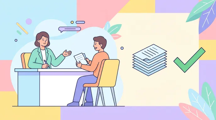 신용 회복 지원을 상징하는 상담 창구, 서류, 체크표시 아이콘을 한 화면에 배치한 평면 일러스트