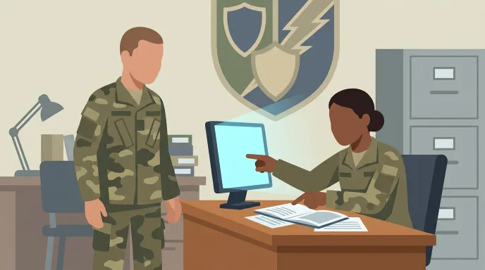 군 부대 행정실에서 경력증명서를 발급받기 위해 상담하는 군인의 모습을 표현한 일러스트 이미지