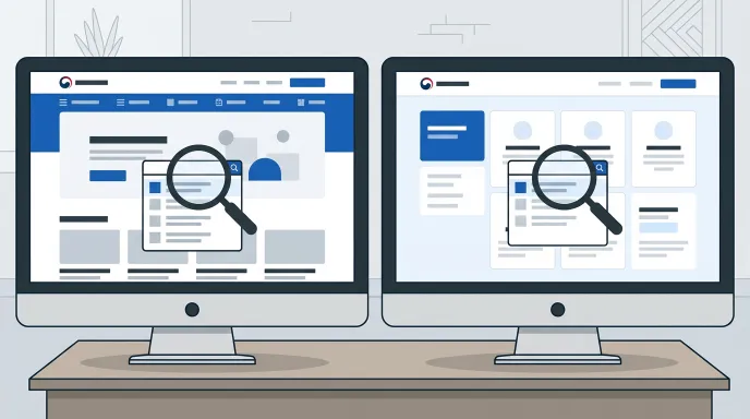 국민연금공단 홈페이지와 정부24 화면을 나란히 두고 미지급 국민연금 조회 메뉴를 찾는 과정을 표현한 일러스트 이미지