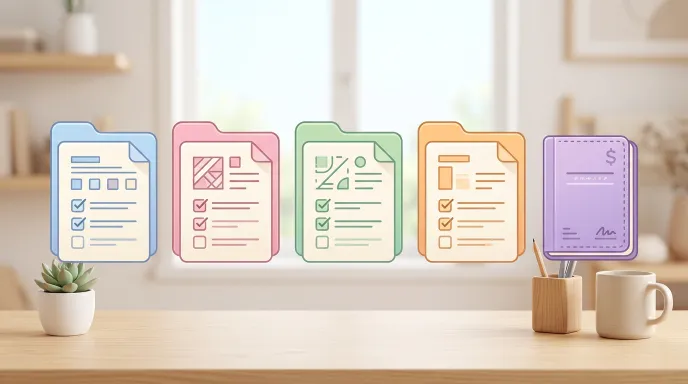 유족연금 청구서와 가족관계증명서, 사망진단서, 통장 사본을 한데 모아 체크리스트와 함께 정리한 장면을 표현한 일러스트 이미지