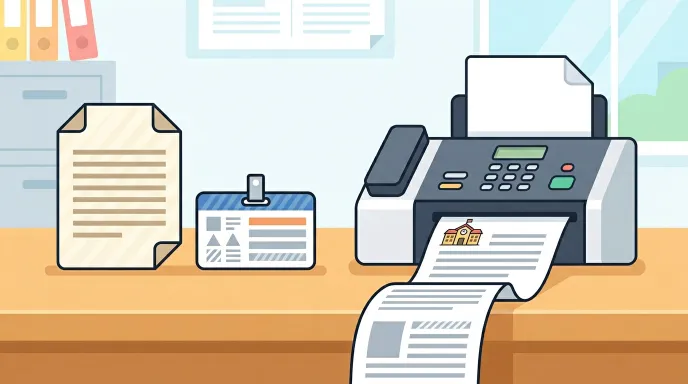 행정복지센터에서 팩스민원으로 방과후 강사 경력증명서를 신청하고 발급받는 과정을 서류와 팩스 아이콘으로 나타낸 일러스트 이미지