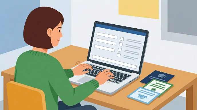 교육지원청 강사풀에 등록하기 위해 온라인으로 정보를 입력하고 서류를 제출하는 방과후 강사의 모습을 표현한 일러스트 이미지