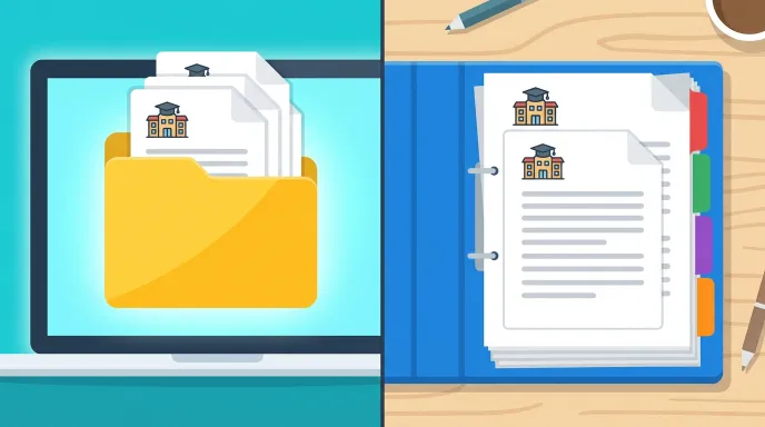 여러 학교에서 받은 방과후 강사 경력증명서를 연도별로 정리해 바인더와 전자 폴더에 함께 보관하는 장면을 표현한 일러스트 이미지