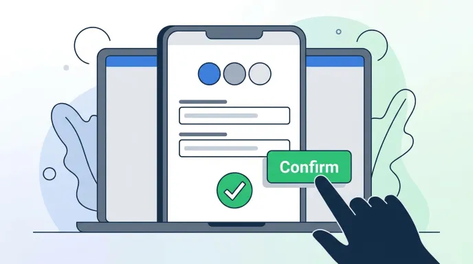 본인 명의 환급 계좌 정보를 온라인으로 입력하고 확인 버튼을 누르는 모습을 단순화한 일러스트 이미지
