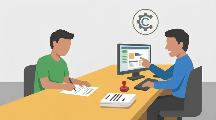 국민건강보험공단 지사 창구에서 환급 계좌 변경 신청서를 작성하고 상담하는 모습을 표현한 일러스트 이미지