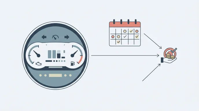 자동차 계기판 주행거리 숫자와 달력을 함께 배치해 주행거리 정산 시점을 표현한 인포그래픽 스타일 이미지
