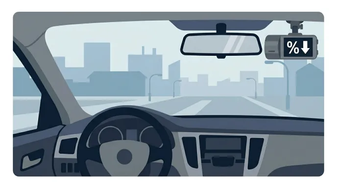 블랙박스가 장착된 차량 앞부분과 보험료 할인율을 상징하는 퍼센트 아이콘이 함께 있는 일러스트 이미지