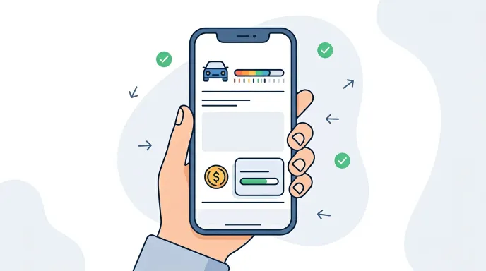 스마트폰 자동차보험 앱 화면에서 마일리지 특약 환급 예상 금액을 확인하는 모습을 표현한 일러스트 이미지