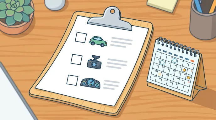자동차 보험 특약 조건과 정산 시점을 체크리스트와 달력으로 정리해 두는 장면을 표현한 일러스트 이미지