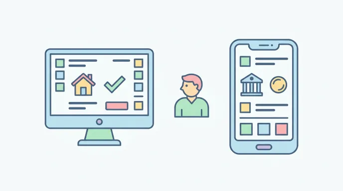 청약홈와 은행 모바일 앱 두 화면을 비교하며 납입 횟수와 인정 회차를 확인하는 장면을 도식화한 일러스트