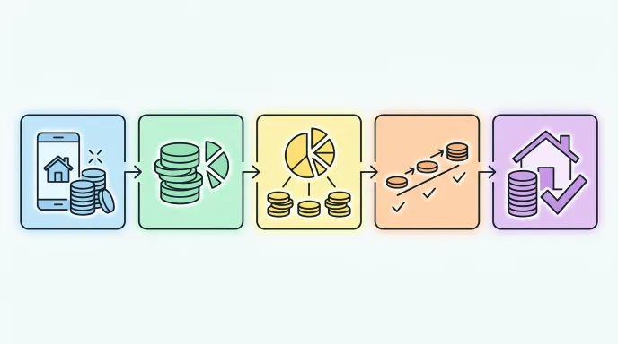 주택청약 미납 회차를 여러 회차로 분할 납부하는 과정을 단계별 아이콘으로 보여주는 인포그래픽 스타일 일러스트