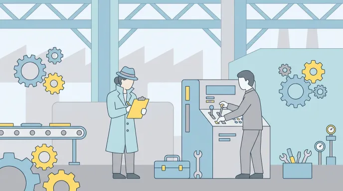 직접생산확인증명서 현장 실사를 위해 사업자등록증, 공장등록증, 설비목록, 인력 명부를 체크리스트 형태로 확인하는 장면을 표현한 평면 일러스트