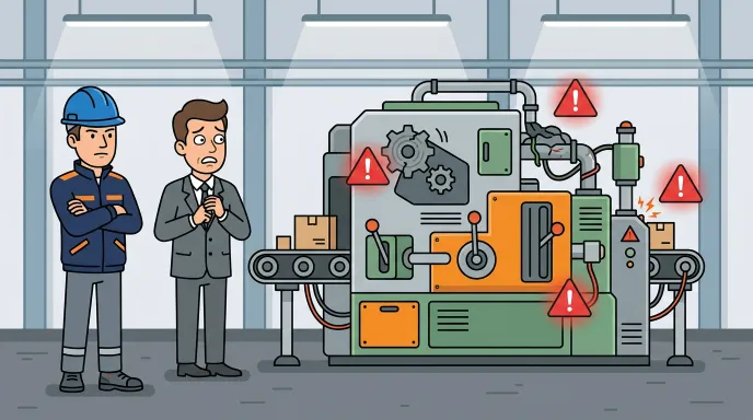 현장 실사에서 조사원이 생산설비를 직접 확인하고 작동 시연을 지켜보는 모습을 표현한 평면 일러스트