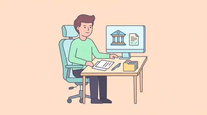 개인 채무자 명부 등재 여부를 확인하기 위해 서류와 컴퓨터 화면을 비교해 보는 사람을 단순 아이콘으로 표현한 평면 일러스트