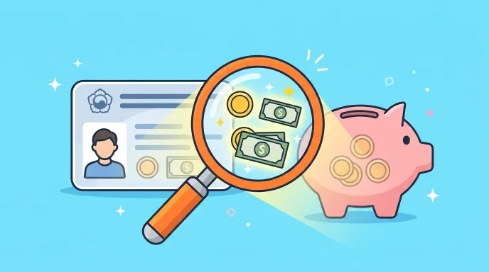 노후 준비를 상징하는 국민연금 카드와 돋보기가 함께 놓여 있고 숨은 연금을 찾는 과정을 표현한 일러스트 이미지