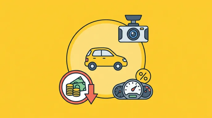 자동차와 블랙박스, 계기판, 동전 아이콘이 함께 배치되어 자동차 보험료 환급과 할인을 상징적으로 표현한 일러스트 이미지