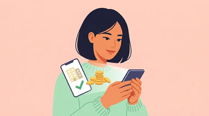 스마트폰으로 주택청약 납입 횟수와 미납 회차 현황을 확인하는 사용자를 단순 아이콘으로 표현한 평면 일러스트