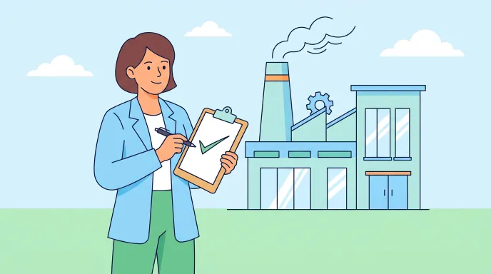 직접생산확인증명서 현장 실사를 앞두고 공장과 서류를 함께 점검하는 사업자를 단순 아이콘으로 표현한 평면 일러스트