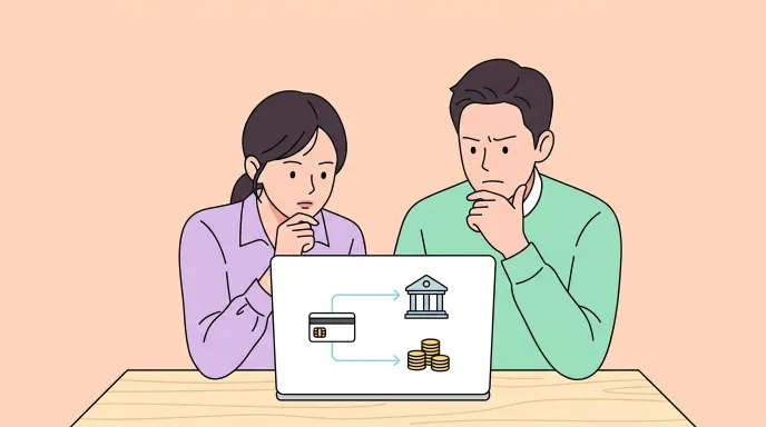 카드 포인트 통합조회 결과를 보고 계좌 입금을 고민하는 사용자를 단순 아이콘으로 표현한 평면 일러스트